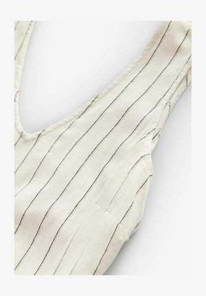 Krema barve brezrokavnik s vertikalnimi črnimi in zlatimi črtami, z nizkim izrezom in teksturirano tkanino. Enostaven dizajn brez okrasnih dodatkov.