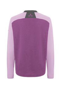 Langärmelig sportshirt in twee tinten paars met een zwart kraagpaneel en een klein driehoekig logo op de bovenrug.