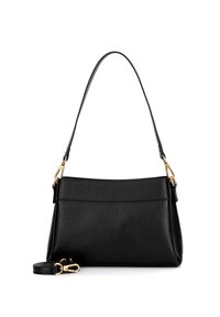 Czarna skórzana torebka na ramię z zakrzywionym paskiem, złotymi elementami, gładką teksturą i przednią kieszenią. W zestawie odczepiany pasek.
