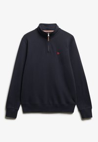 Navyblauwe sweatshirt met hoge kraag, halve rits en een klein rood logo op de borst. Zachte katoenmix stof, geribde mouwen.