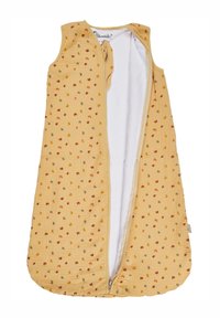 Gelbes Schlafsack mit Reißverschluss, aus weichem Stoff, mit einem Punktmuster in Orange-, Braun- und Grautönen.