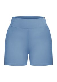 Blauwe, sportieve shorts tot halverwege de dij van glad, rekbaar stof met een hoge tailleband en zonder zichtbare patronen of hardware.