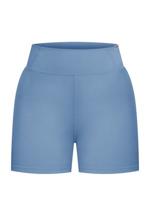 Shorts sportivi blu, lunghi fino a metà coscia, realizzati in tessuto morbido e elastico, con un'alta vita e senza motivi o accessori visibili.