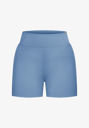 Bermudas deportivas azul, de longitud media hasta el muslo, hechas de una tela suave y elástica con una cintura alta y sin patrones visibles ni herrajes.