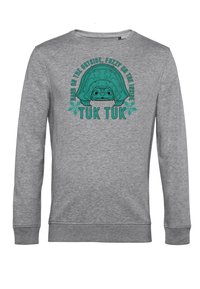 Sudadera gris con un gráfico de una tortuga, texto en verde azulado y acentos decorativos. El diseño incluye la frase "Duro por fuera, suave por dentro."