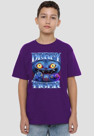 Purple cotton t-shirt featuring a graphic print of a blue cartoon tiger with large eyes and text "DERPY TIGER" in bold letters.