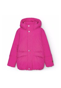 Lyserød puffjakke med hætte, der har lynl�ås og trykknapper, to forlommer og ribbede manchetter. Strukturering i stoffet.