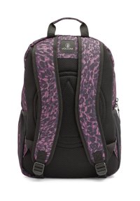 Purple leopard print backpack with black mesh accents, padded shoulder straps, and side pockets. Features a logo at the top.