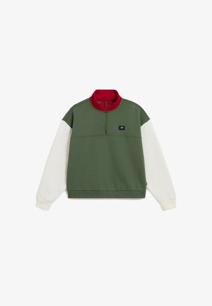 Grøn og hvid sweatshirt med høj rød krave, lynlås foran og kontrastærmer. Har et lille logo-patch på brystet.