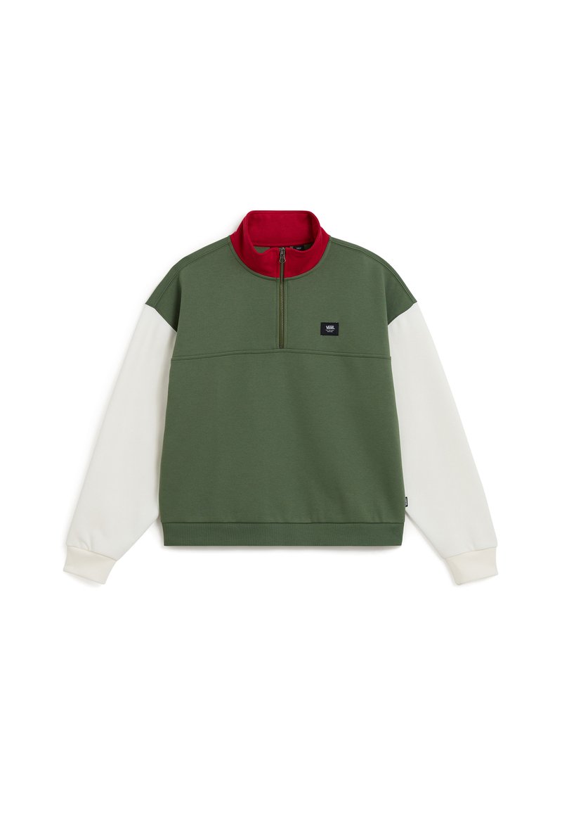 Sweatshirt vert et blanc avec un col haut rouge, une fermeture éclair à l'avant et des manches contrastées. Présente un petit logo brodé sur la poitrine.