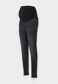 Graviditetsjeans i mørk grå denim med en elastisk svart strikk i livet. Har slim fit og lett slitasje ved anklene.