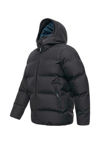 Sort polstret jakke med hætte, der har en lynlåslukning, to sidelommer med lynlås, en blå indvendig foring og en stikdækkedesign.