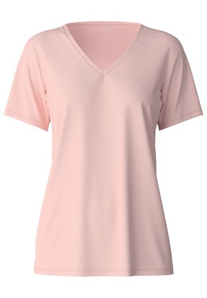 V-neck, short-sleeved t-shirt in soft pink fabric. Smooth texture with reinforced stitching along the seams. Simple, classic design.