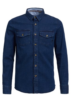 Langærmet mørkeblå denimskjorte med knappet front, to brystlommer med knapklap og en klassisk krave.
