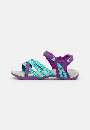 Purple and teal sandals featuring adjustable straps, a textured patterned upper, and a cushioned light grey sole for comfort and support.