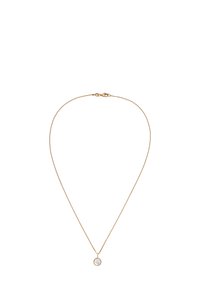 Halskette aus goldfarbenem Metall mit einem runden, weißen Steinhänger. Die Kette verfügt über einen Verschluss und hat eine glatte, polierte Oberfläche.