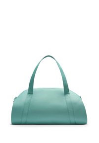 Lyseblå stoff duffelbag med doble håndtak og en toppglidelås, vist mot en enkel hvit bakgrunn.