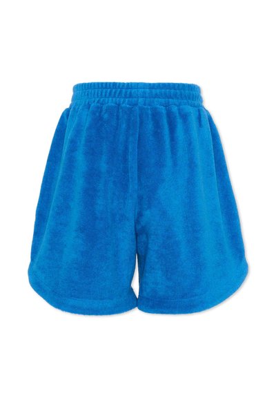 Shorts en éponge bleu vif avec taille élastique, coupe ample et ourlet arrondi, présentés sur un fond blanc.