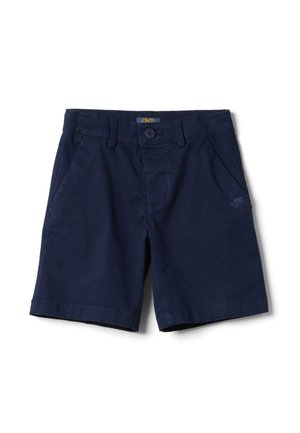 Pantalones cortos de algodón azul marino con cierre de botón y cremallera, trabillas para cinturón, bolsillos laterales y una sutil palma bordada en la pierna derecha.