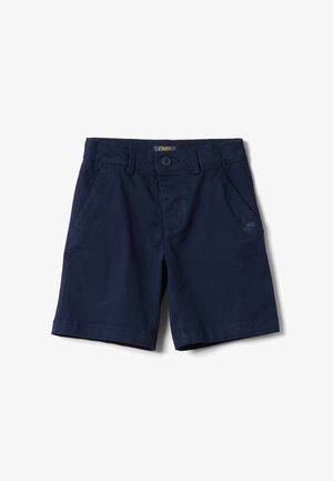 Pantalones cortos de algodón azul marino con cierre de botón y cremallera, trabillas para cinturón, bolsillos laterales y una sutil palma bordada en la pierna derecha.