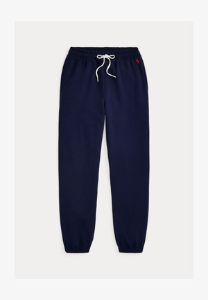 Pantalones deportivos azul marino hechos de una mezcla suave de algodón. Presentan una cintura elástica con un cordón blanco y puños acanalados. Bordado pequeño con el logo.