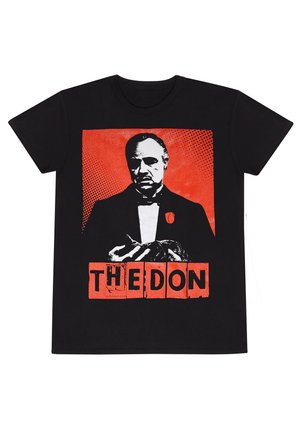 Schwarzes Baumwoll-T-Shirt mit einem grafischen Druck eines Männerporträts in Weiß und Rot, mit dem Text "DER DON" am unteren Rand.