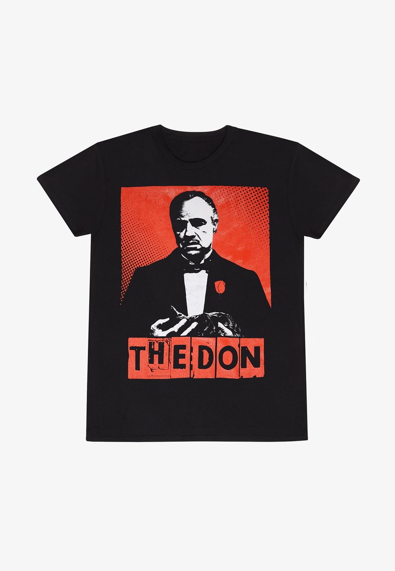 Černé bavlněné tričko s grafickým potiskem mužského portrétu v bílé a červené barvě, s textem "THE DON" na spodní části.