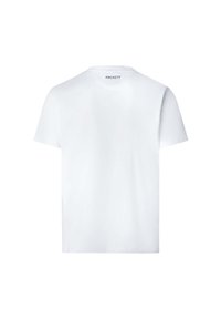 T-shirt bianca a maniche corte in cotone, con scollatura a girocollo e un piccolo etichetta "Hackett" vicino al collo sul retro.