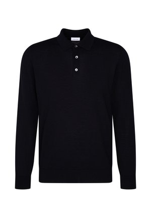 Schwarzes Langarm-Polohemd aus weichem Stoff mit klassischem Kragen, dreiknöpfiger Knopfleiste und gestrickten Bündchen.