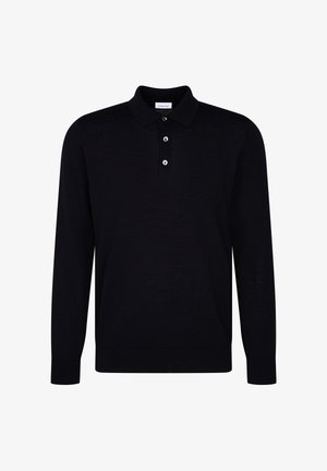 Schwarzes Langarm-Polohemd aus weichem Stoff mit klassischem Kragen, dreiknöpfiger Knopfleiste und gestrickten Bündchen.