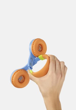 Hand holding foldable blue and orange headphones, with visible right and left ear cup markers, against a plain white background.