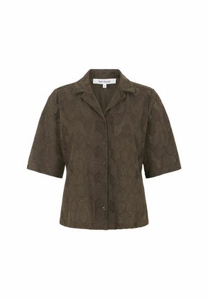 Lühikeste varrukatega tumeroheline nööpidega pluus, millel on peen madu mustriga ja avatud krae, brändilt Soft Rebels.