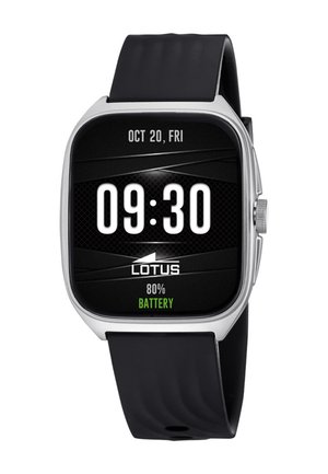Smartwatch med sort silikonerem, sølvramme, digitalt display, der viser 09:30, 20. oktober fredag, Lotus-logo og 80 % batteriniveau.