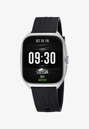 Smartwatch z czarnym silikonowym paskiem, srebrną ramką, cyfrowym wyświetlaczem pokazującym 09:30, 20 października, piątek, logo Lotus oraz poziom baterii 80%.