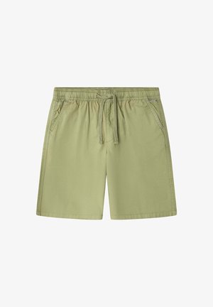 Shorts décontractés vert clair avec taille élastiquée, cordon de serrage et poches latérales, posés à plat sur fond blanc.