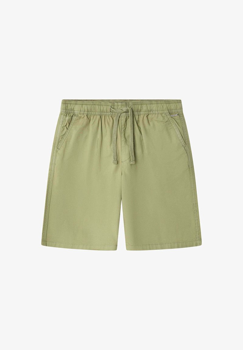 Shorts décontractés vert clair avec taille élastiquée, cordon de serrage et poches latérales, posés à plat sur fond blanc.