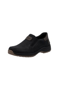 Schwarze Slipper mit einem glatten Lederoberteil, braunen Akzenten, elastischen Seiteneinsätzen und einer strukturierten Gummisohle. Mit einem Logo-Patch.