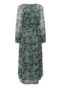 Dlhá priehľadná tmavozelená nádhera s oranžovými a bielymi vzormi listov, so zberaným pásom a elastickými manžetami na dlhých rukávoch.