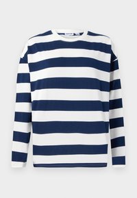 Long-sleeve t-shirt in navy and white stripes. Made of cotton, featuring a crew neckline and straight hem. Smooth texture, casual design.