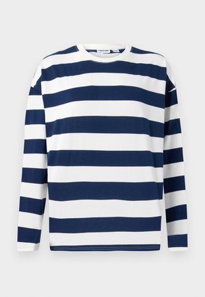 Langermet t-skjorte i marineblå og hvite striper. Laget av bomull, med rund hals og rett kant. Glatt tekstur, avslappet design.