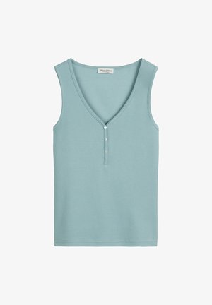 Helles blaues, ärmelloses Oberteil mit V-Ausschnitt, das mit einer Knopfleiste und gerippten Textur versehen ist. Einfaches, figurnahes Design ohne zusätzliche Muster.