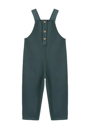 Salopette sans manches vert foncé avec larges bretelles et trois boutons en bois alignés au centre avant.