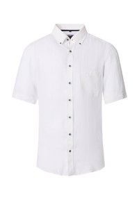 Kurzärmeliges weißes Leinenhemd mit Button-Down-Kragen, Brusttasche und blauen Knöpfen entlang der Knopfleiste. Strukturierter Stofffinish.