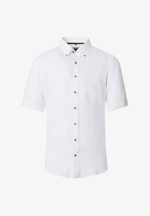 Kurzärmeliges weißes Leinenhemd mit Button-Down-Kragen, Brusttasche und blauen Knöpfen entlang der Knopfleiste. Strukturierter Stofffinish.