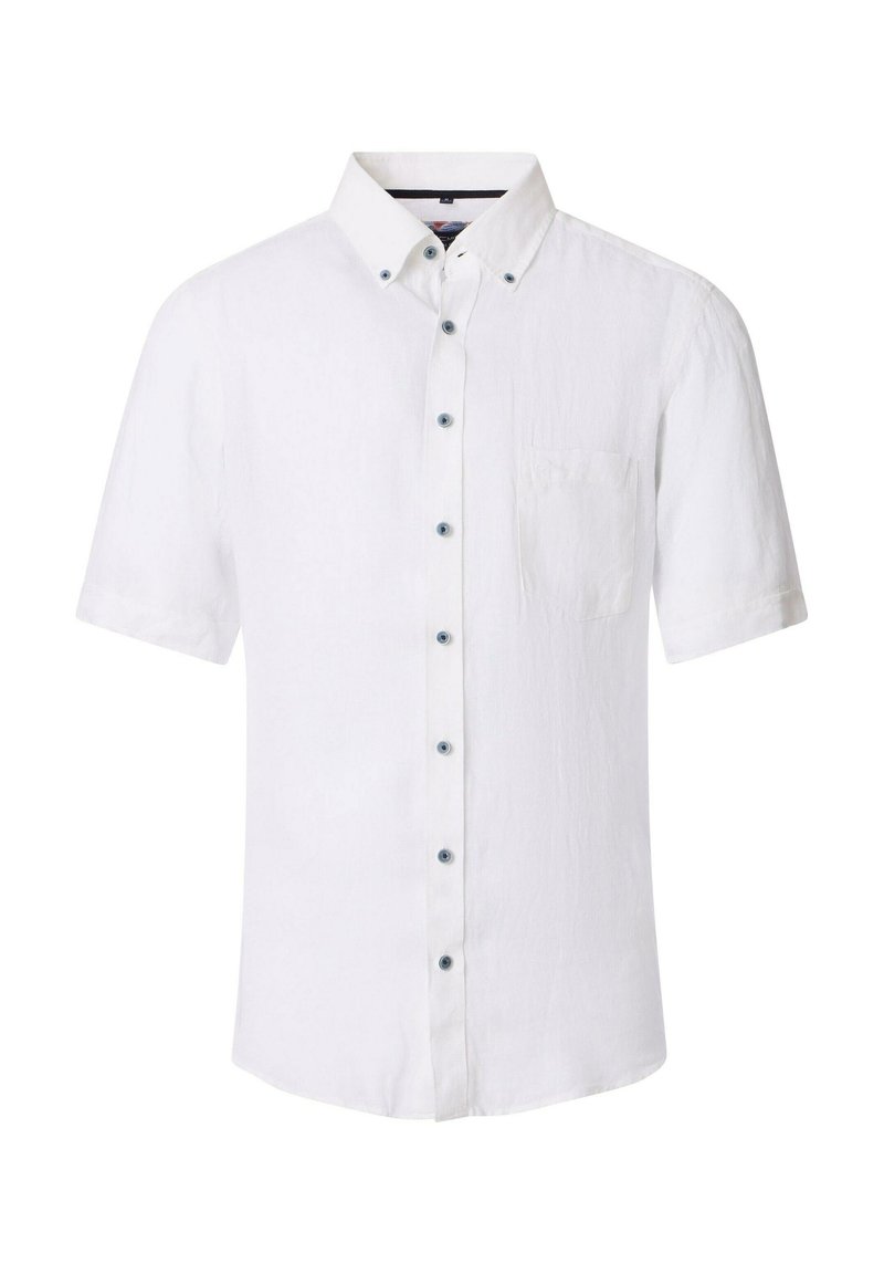 Kurzärmeliges weißes Leinenhemd mit Button-Down-Kragen, Brusttasche und blauen Knöpfen entlang der Knopfleiste. Strukturierter Stofffinish.