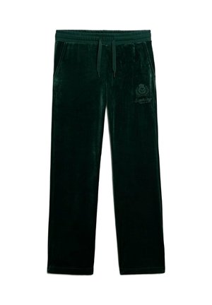 Pantaloni della tuta in velluto verde scuro con vita elastica, cordoncino, tasche laterali e dettaglio del logo ricamato sulla coscia sinistra.