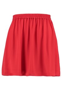 Roter, leichter Rock mit elastischem Bund. Luftiges Design und glatte Textur, der bis zur Oberschenkelmitte reicht. Keine sichtbaren Muster oder Akzente.