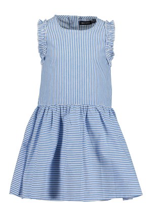 Vestito senza maniche a righe verticali blu e bianche con dettaglio di volant sulle spalle e vita arricciata per bambino.
