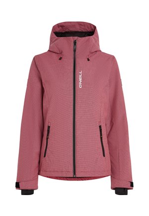 Červená textúrovaná bunda s kapucňou, predným zipsom, čiernymi akcentmi a dvoma zipsovými vreckami. Obsahuje logo značky na hrudi.