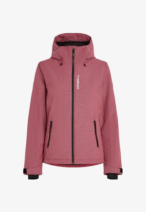 Punane tekstuuriga jakker, millel on kapuuts, esine lukuga sulgemine, mustad aktsendid ja kaks lukuga taskut. Rinnal on brändi logo.